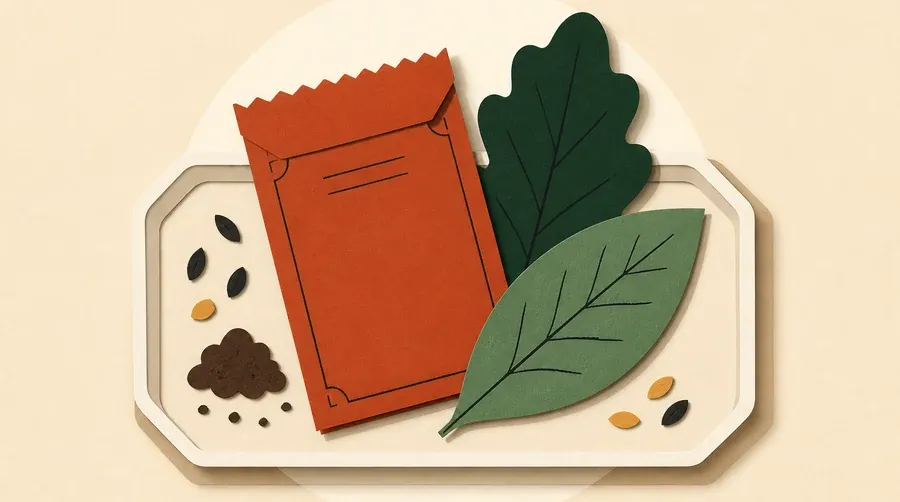 Un plateau crème rassemble un sachet terre cuite et deux feuilles vert forêt et vert sauge.