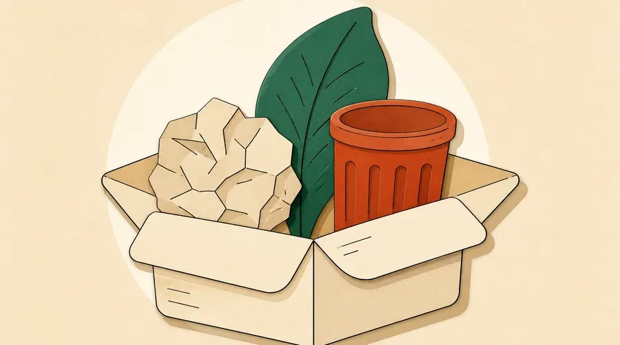 Boîte crème avec papier sable, feuille vert sauge et bac terre cuite.