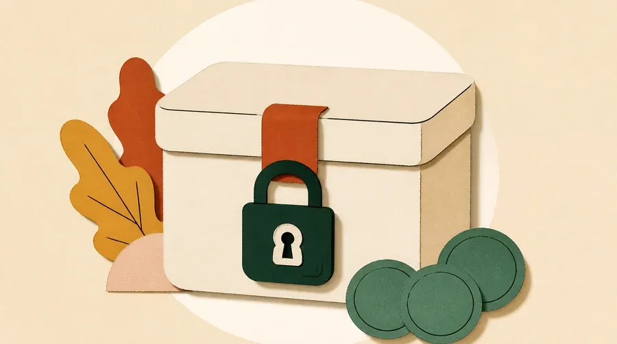 Une boîte crème, un cadenas sombre et trois jetons vert sauge.