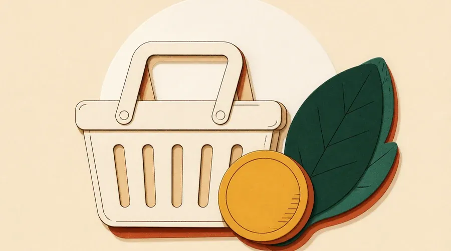 Un panier crème, une pièce ocre et une feuille vert forêt.