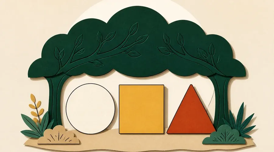 Un auvent vert forêt abrite un cercle crème, un carré ocre et un triangle terre cuite.