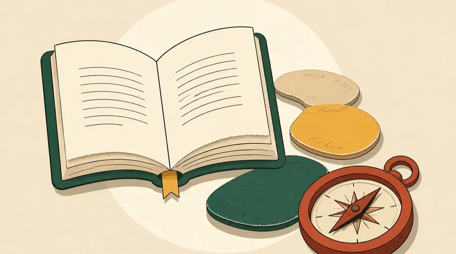 Un livre crème accompagne trois pierres colorées et un compas terre cuite.