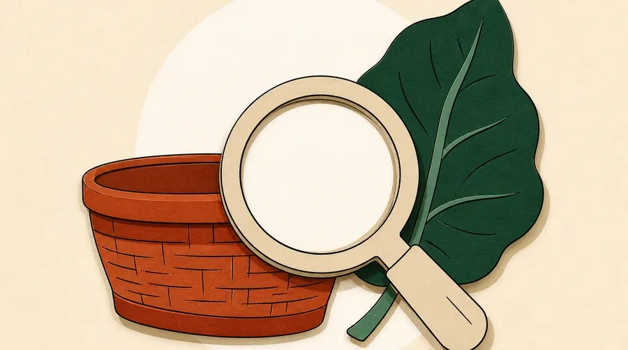 Loupe sable, panier terre cuite et feuille vert forêt superposés.