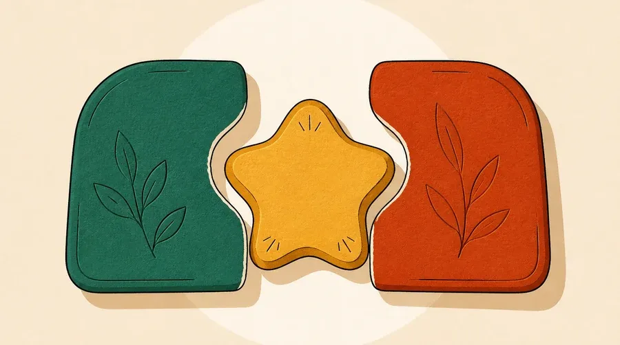 Deux blocs vert sauge et terre cuite encadrent une étoile ocre.