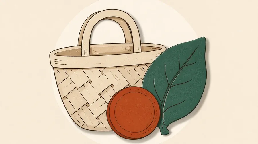 Un panier sable, une feuille vert sauge et une pièce terre cuite.