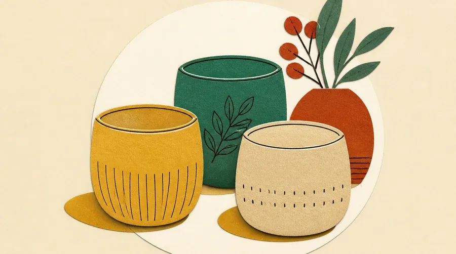 Trois coupelles ocre, sable et vert sauge reposent sur un disque crème.