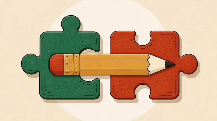 Deux pièces de puzzle sauge et terre cuite tiennent un crayon ocre.