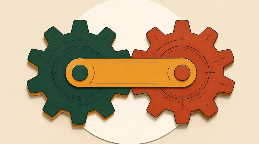 Deux engrenages vert forêt et terre cuite s’alignent avec un pont ocre.