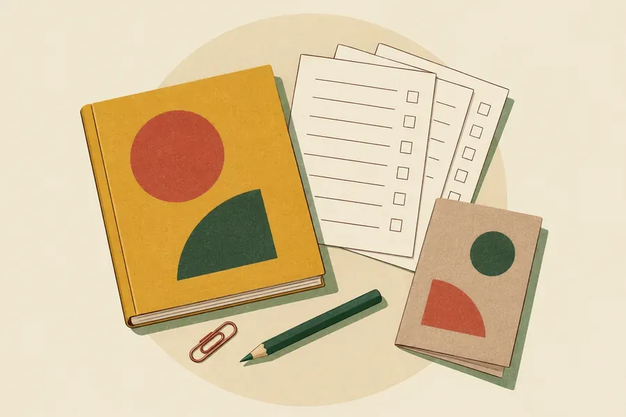 Livre jeunesse posé à côté de fiches d’activités à cocher, d’un livret et d’un crayon