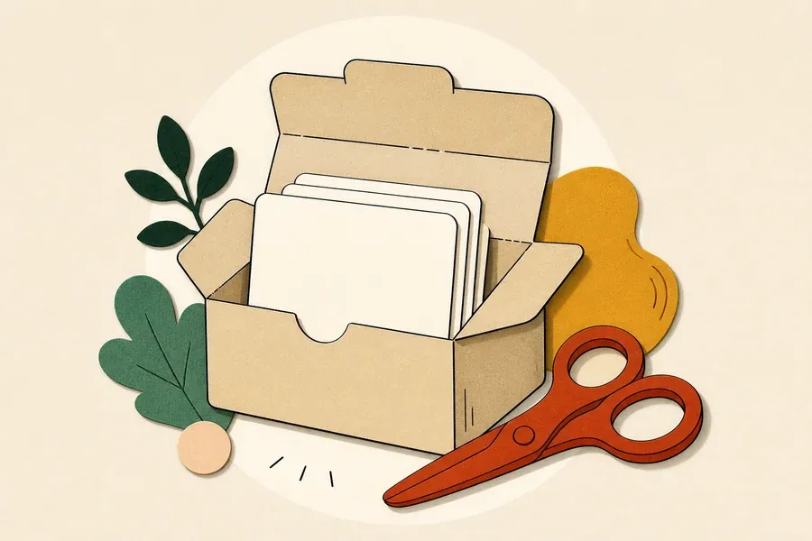 Boîte sable, cartes crème et ciseaux terre cuite au centre.