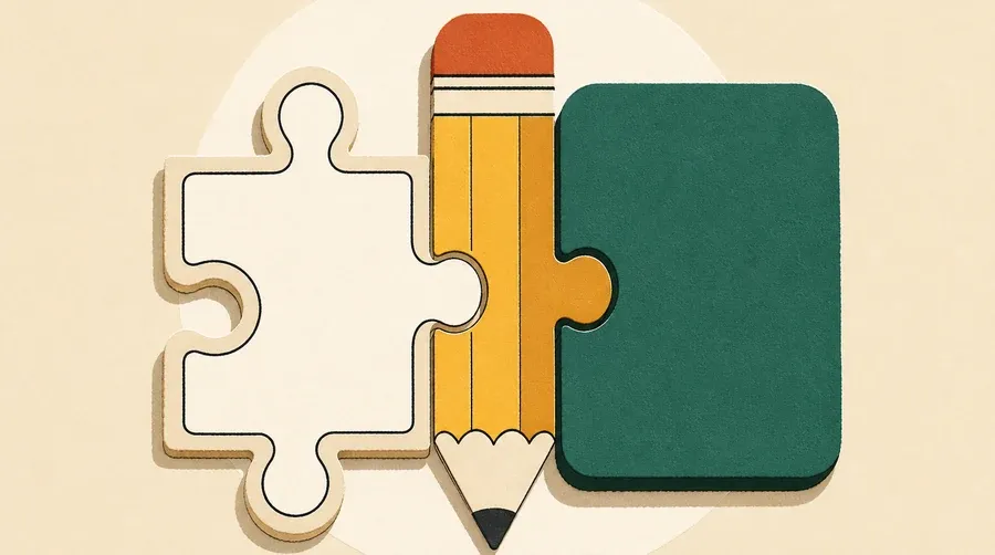 Une tuile crème, un crayon ocre et une carte sauge s'emboîtent.