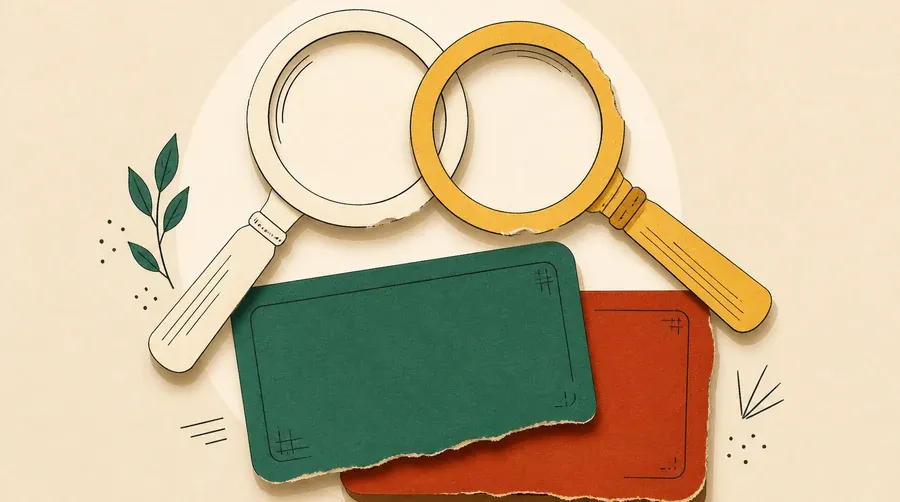 Deux loupes crème et ocre croisent deux cartes vierges sauge et terre cuite.