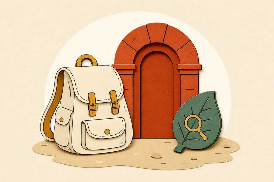 Sac crème, arche terre cuite et jeton vert sauge posés sur fond sable.