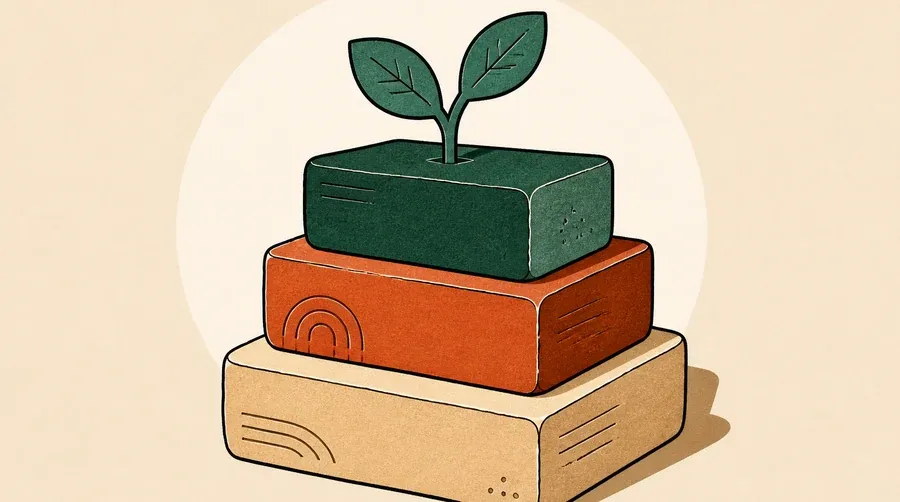 Trois blocs sable, terre cuite et vert forêt portent une pousse vert sauge
