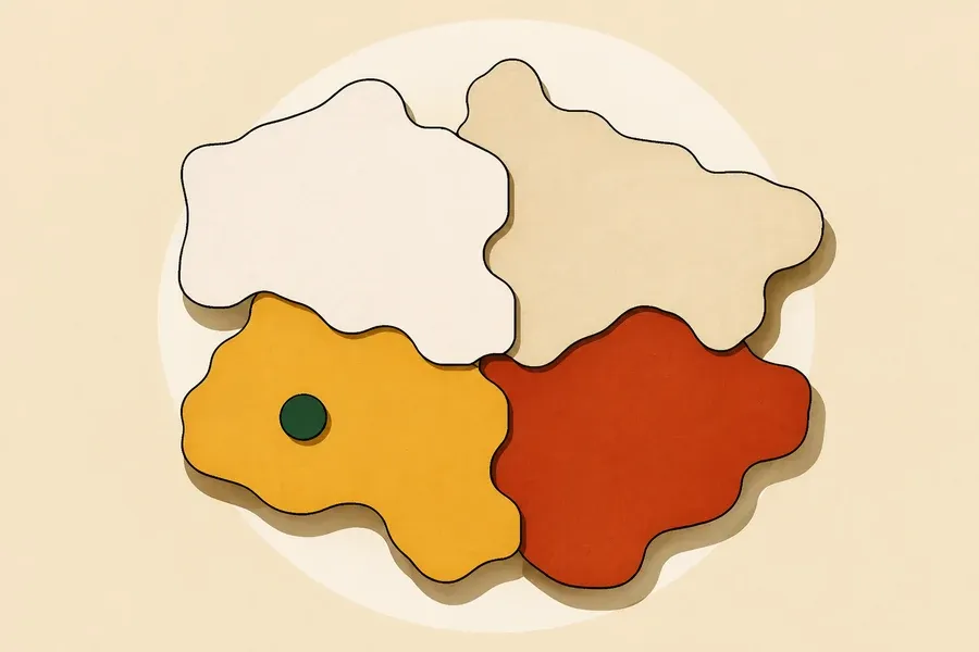 Quatre tuiles arrondies crème, sable, ocre et terre cuite avec marqueur vert forêt.