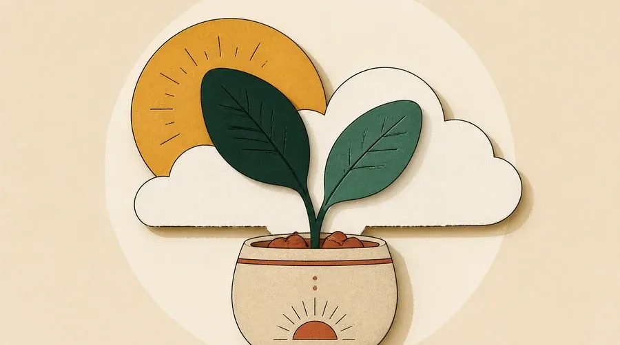 Soleil ocre, nuage crème et jeune arbre vert forêt en pot sable.