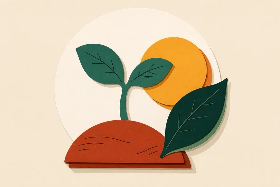 Une pousse vert sauge émerge avec un soleil ocre et une feuille forêt.