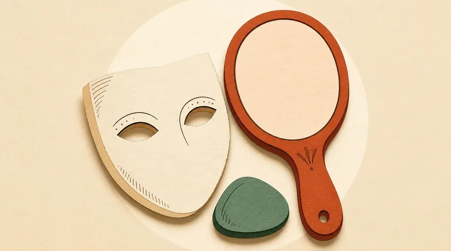 Masque crème, miroir terre cuite et galet vert sauge réunis.