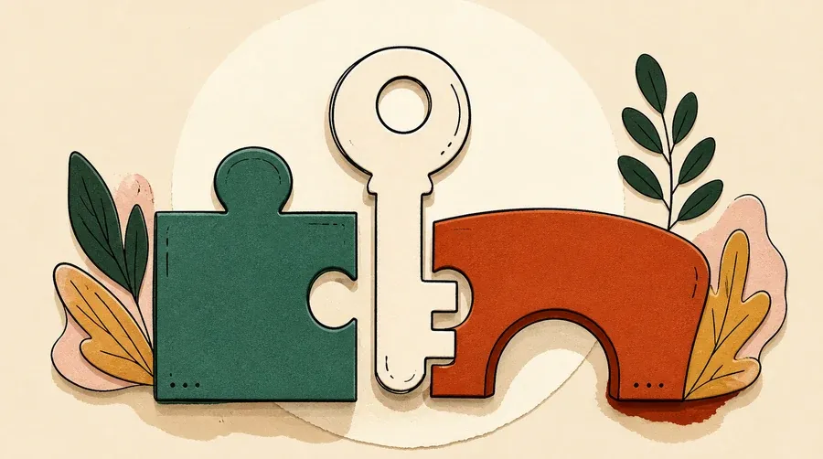 Pièce vert sauge, clé crème et pont terre cuite assemblés simplement.