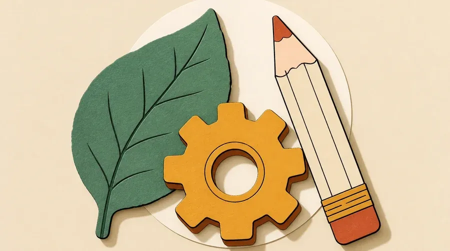 Une feuille sauge, un engrenage ocre et un crayon crème sans inscription.