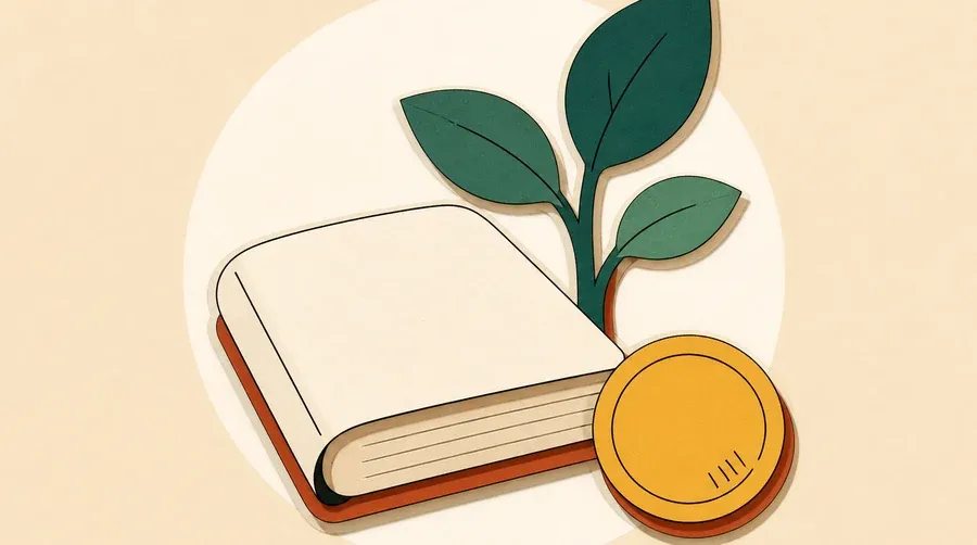 Un livre crème, une pousse vert forêt et une pièce ocre.