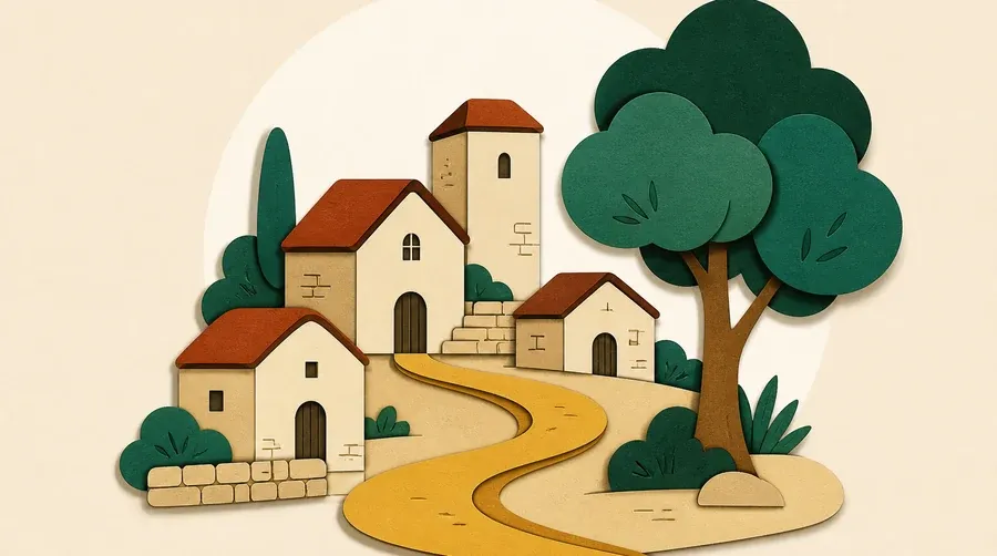 Des maisons sable, un arbre vert forêt et un chemin ocre reliés.