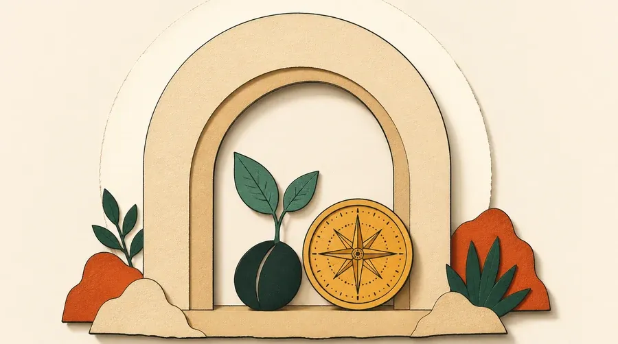 Arche sable protégeant une graine vert forêt et un disque ocre.