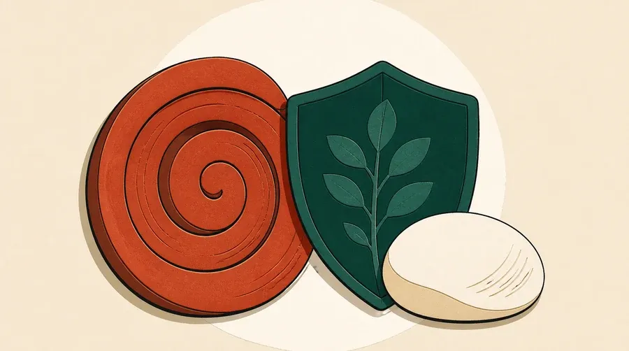 Une spirale terre cuite, un bouclier vert forêt et un galet crème.