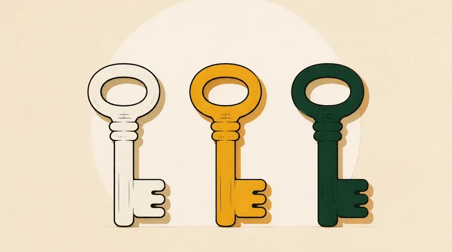 Trois clés identiques crème, ocre et vert forêt reposent alignées.
