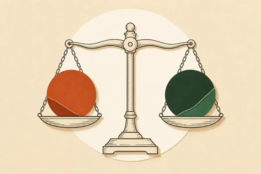 Une balance sombre porte deux disques égaux, terre cuite et vert forêt.
