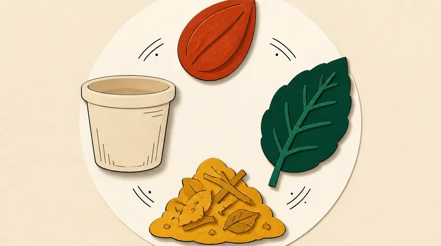 Graine terre cuite, tasse sable, feuille verte et tas ocre.