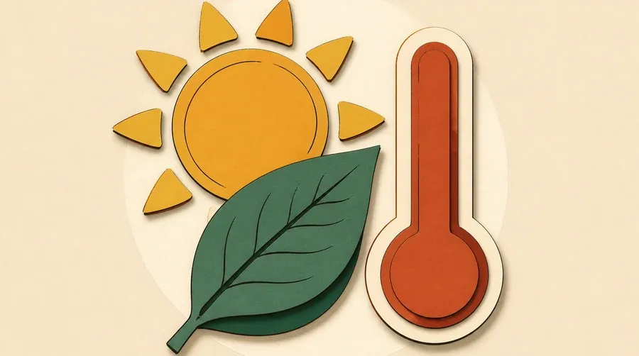 Un soleil ocre, une feuille vert sauge et un thermomètre terre cuite