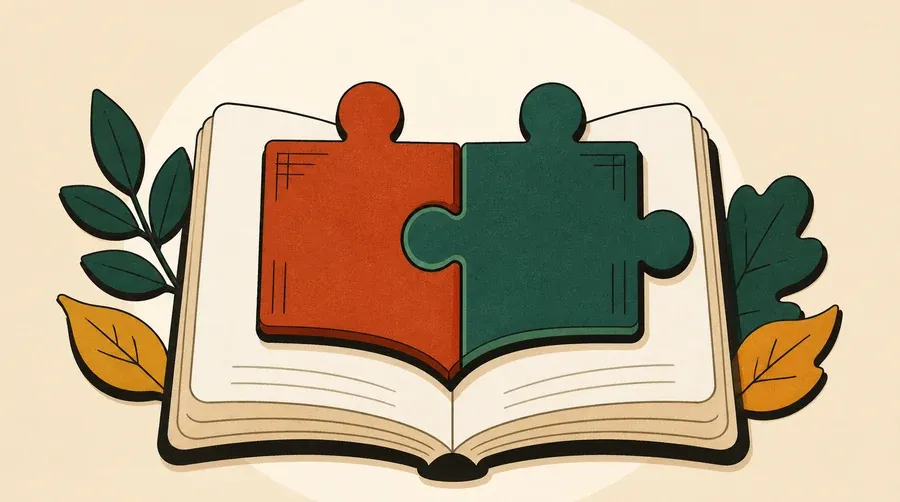 Deux pièces imbriquées terre cuite et vert forêt entourent un livre crème.