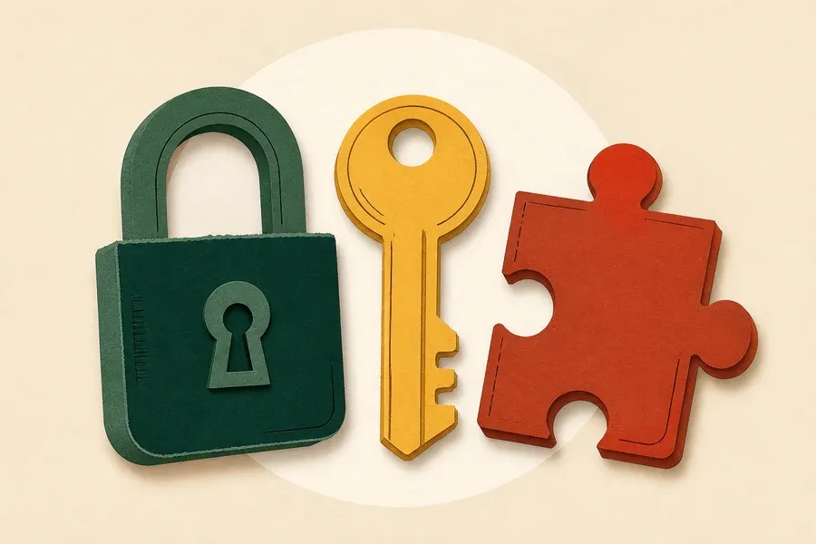 Un cadenas vert forêt, une clé ocre et une pièce terre cuite s’assemblent.