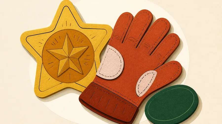 Une étoile ocre, un gant terre cuite et un galet vert forêt.