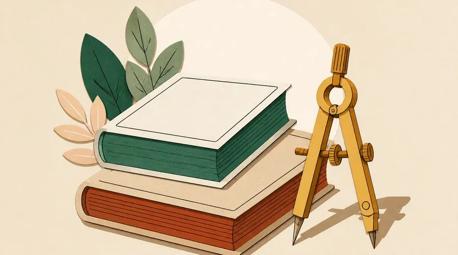 Deux livres crème et sable accompagnent un compas ocre aux contours sombres