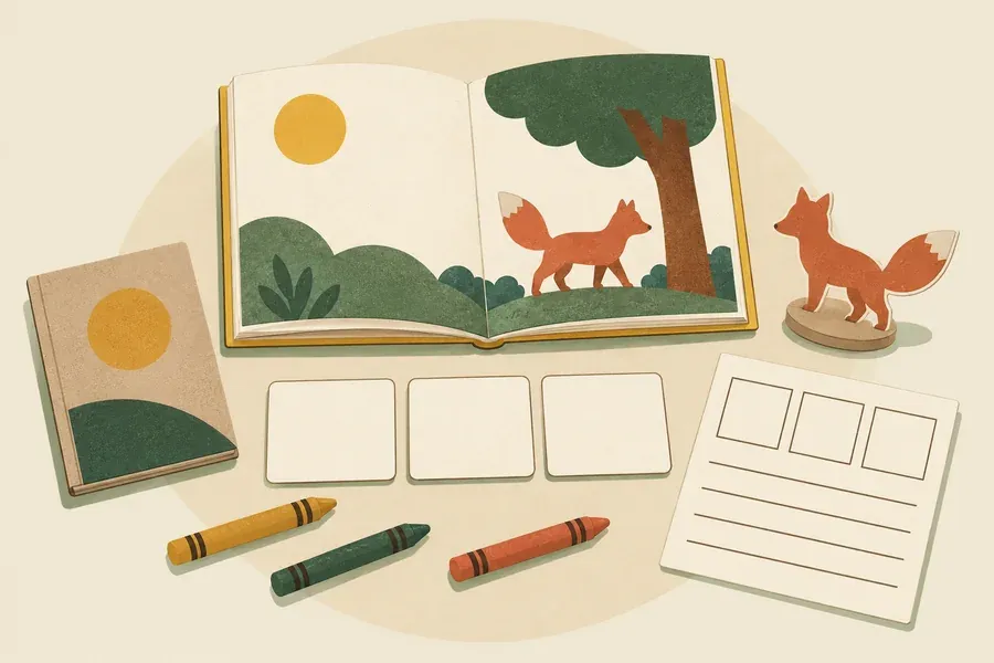Album jeunesse ouvert entouré de cartes d’activités, d’une fiche élève et de crayons pour une séance en classe