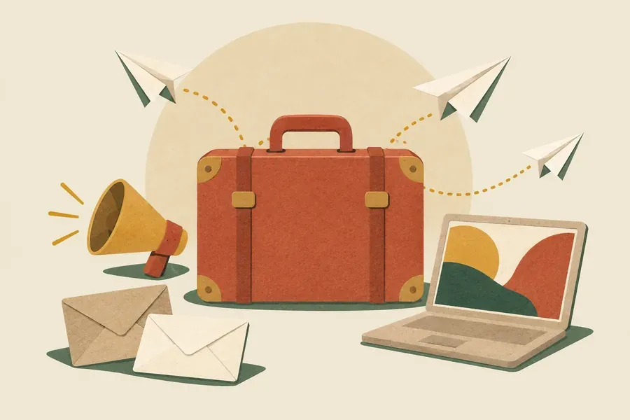 Valise pédagogique entourée d’avions en papier, d’un mégaphone, d’enveloppes et d’un téléphone, symboles de la diffusion auprès des enseignants