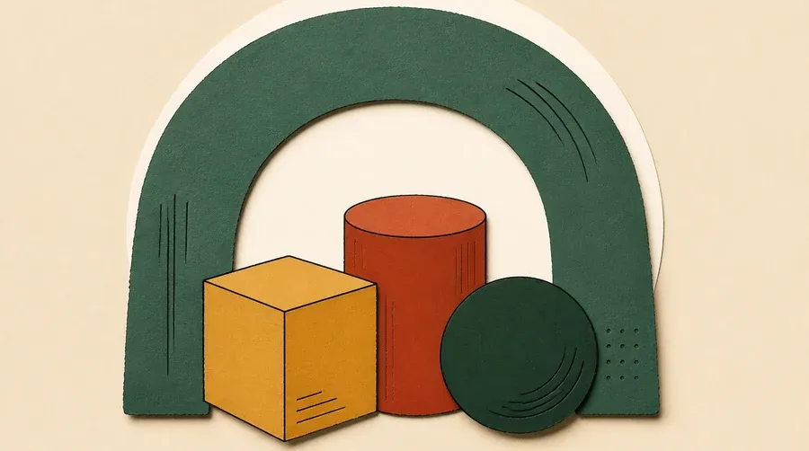 Une arche sauge accueille un cube ocre, un cylindre terre cuite et une sphère vert forêt.