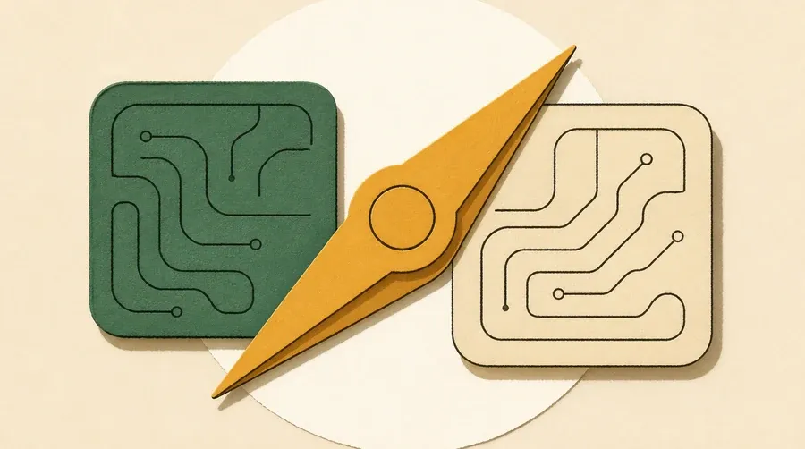 Un compas ocre pointe entre deux tuiles de circuit vert sauge.