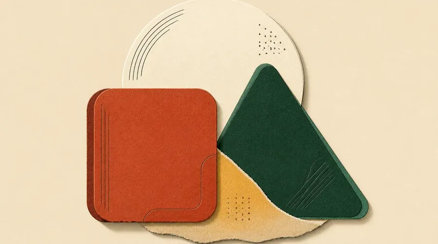 Un disque crème, un carré terre cuite et un triangle vert forêt s’emboîtent.