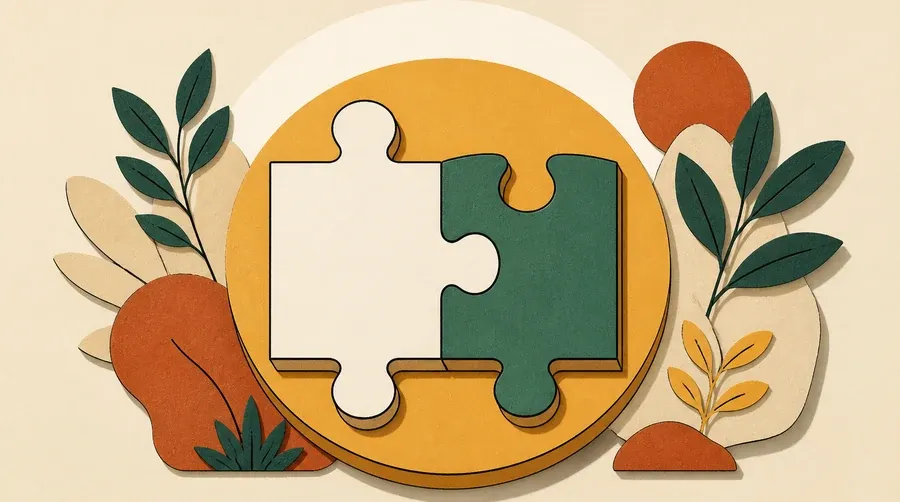 Deux pièces de puzzle crème et vert sauge s’emboîtent dans un disque ocre.