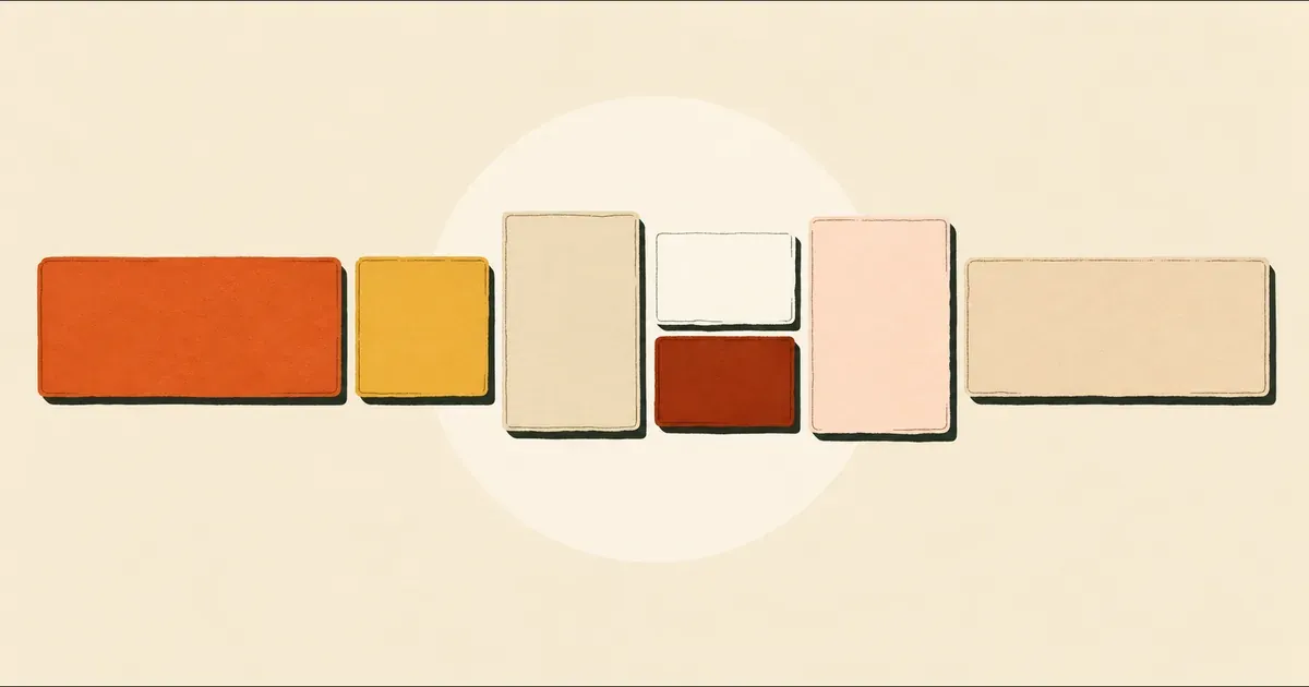 Rectangles crème, ocre et terre cuite disposés en grille sur fond sable