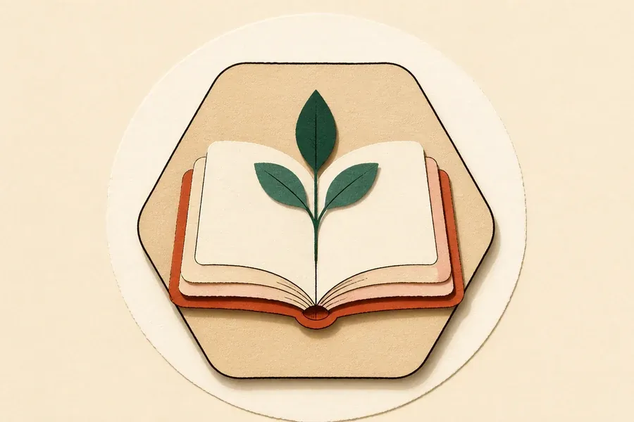 Un hexagone sable porte un livre crème et une petite pousse verte.