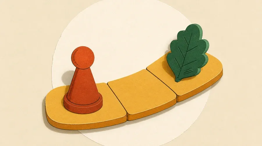Un parcours ocre entoure un pion terre cuite et un jeton vert forêt.