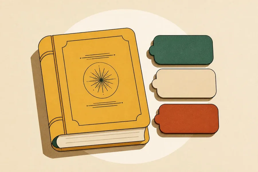 Un livre ocre fermé côtoie trois onglets vierges aux couleurs douces.
