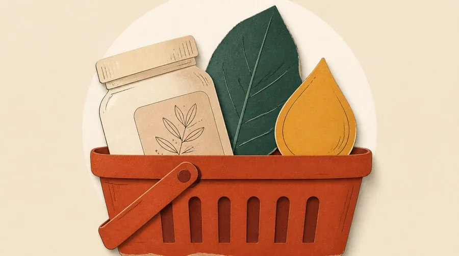 Un panier terre cuite contient un bocal crème, une feuille vert forêt et une goutte ocre.