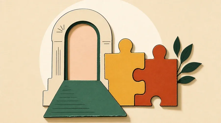 Porte crème, rampe vert sauge et deux pièces ocre et terre cuite.