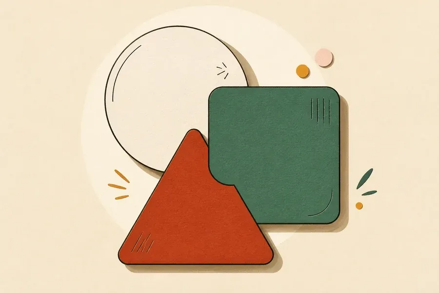 Un cercle crème, un carré vert sauge et un triangle terre cuite imbriqués.