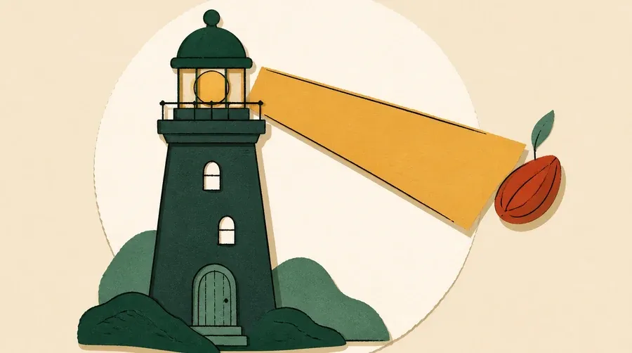 Un phare vert forêt éclaire une graine terre cuite dans un rayon ocre.